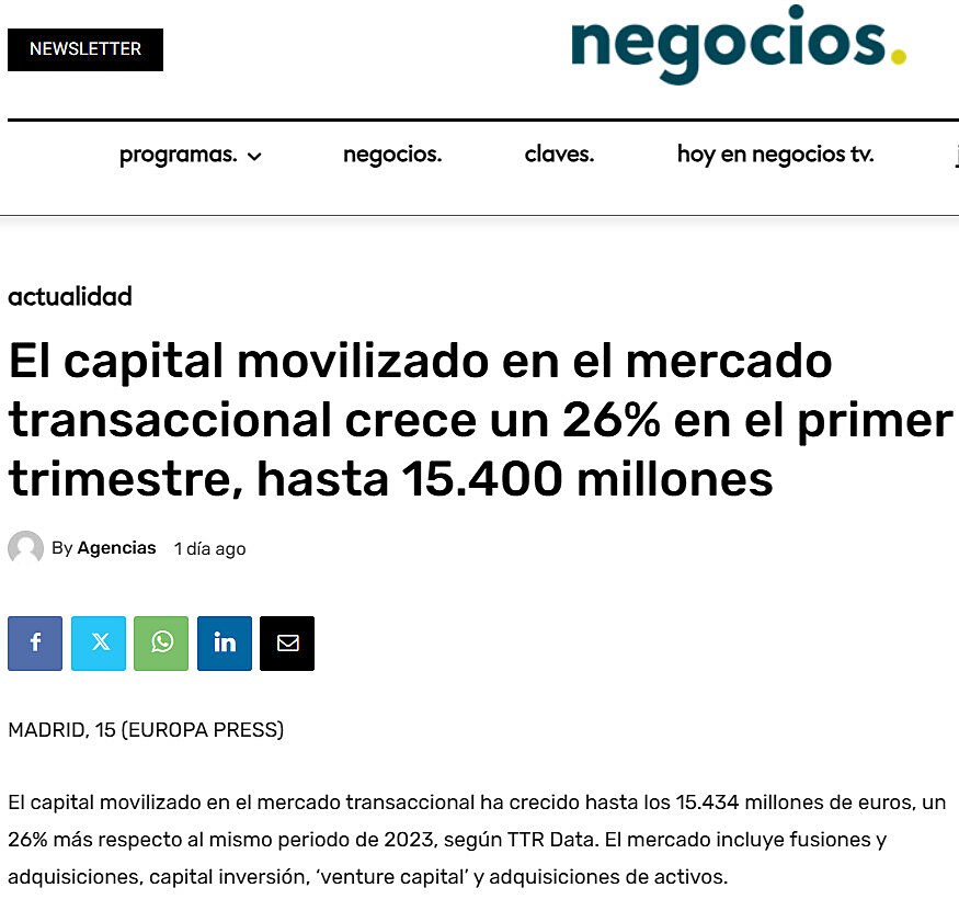 El capital movilizado en el mercado transaccional crece un 26% en el primer trimestre, hasta 15.400 millones